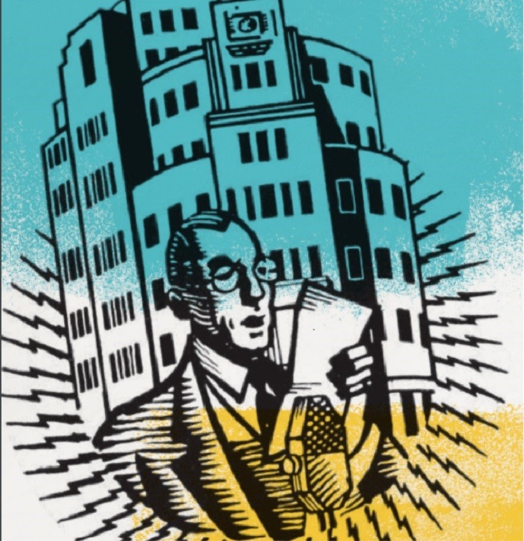 BBC at 100 - A man, who looks like he speaks BBC British, standing in front of broadcasting house reading a script, and surrounded by lightning lines signifying radio waves.  